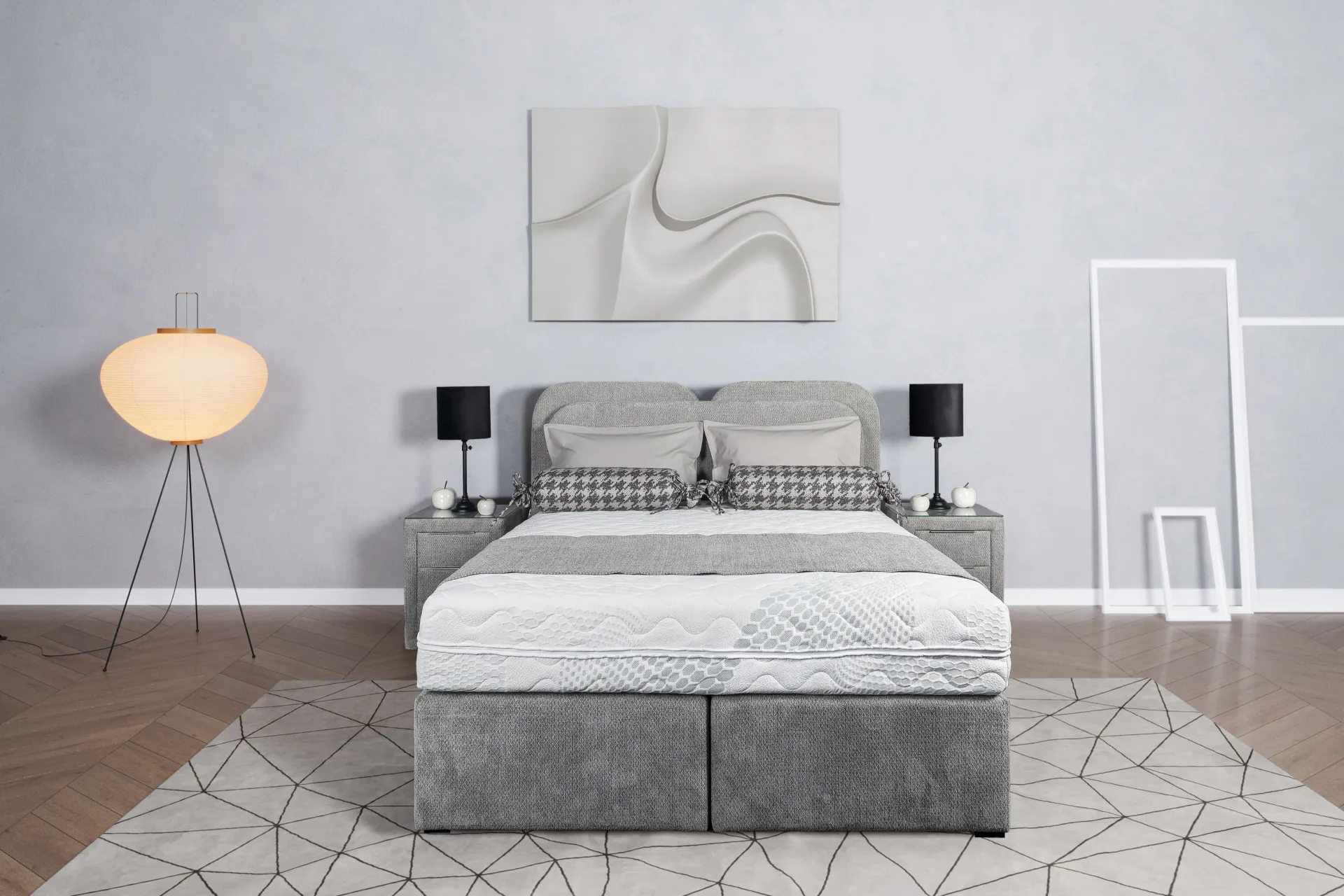 Mistral krevet u elegantnoj sivoj tkanini — kompaktan dizajn