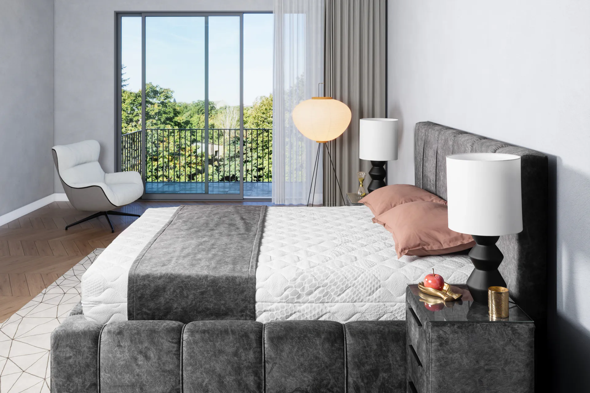 Mistral krevet u toploj atmosferi spavaće sobe — teksture i boje