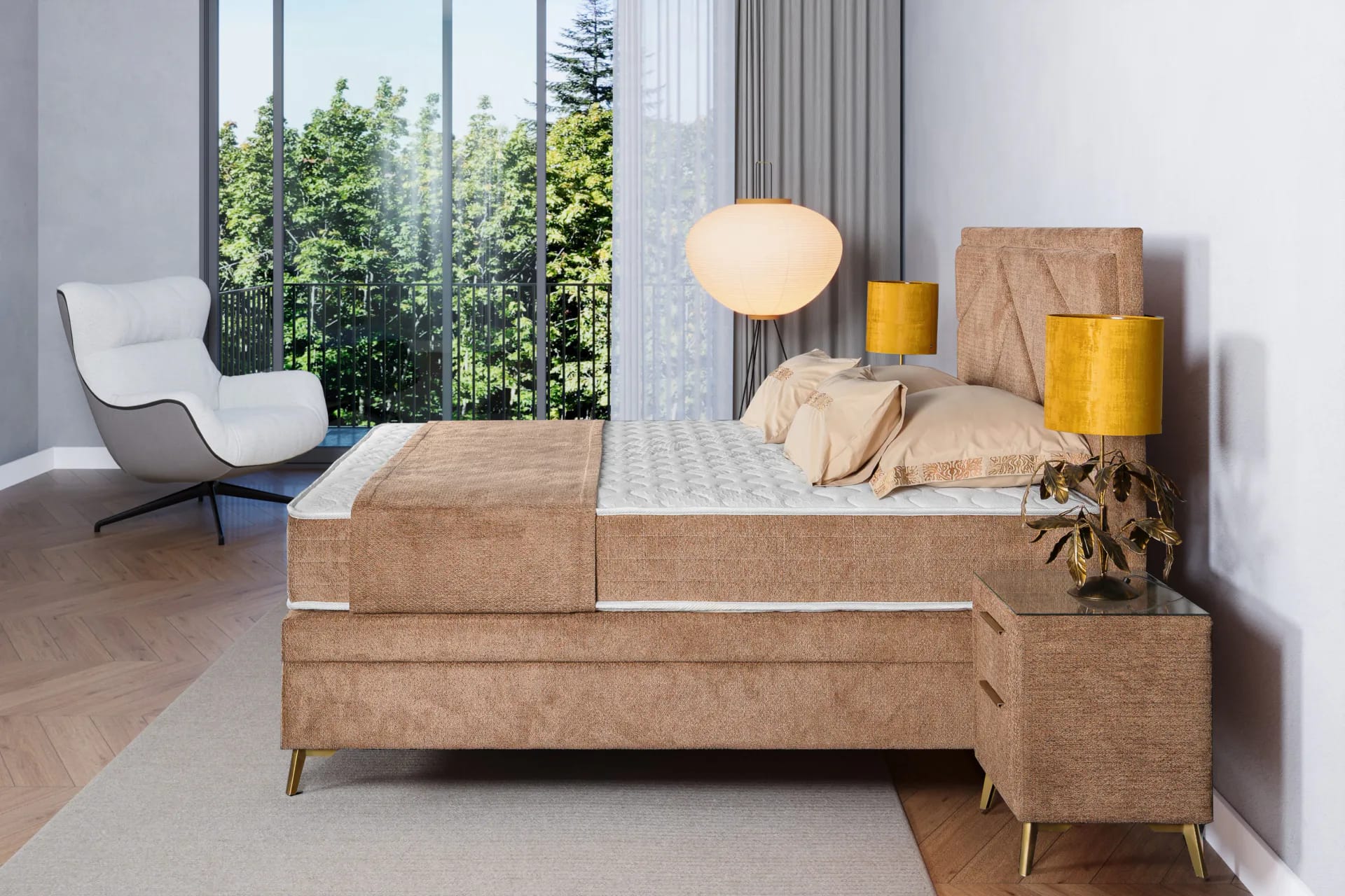 Mistral krevet u luksuznoj tkanini — bočni pogled na uzglavlje