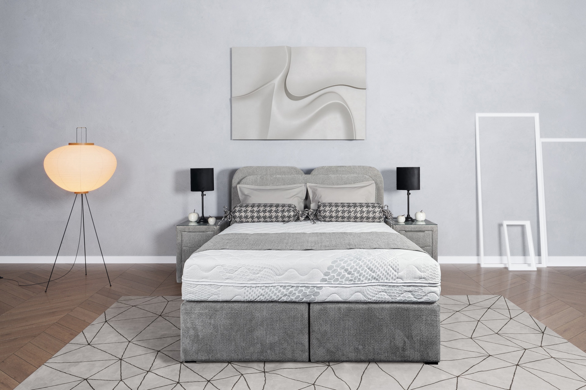 Mistral krevet u elegantnoj sivoj tkanini — kompaktan dizajn